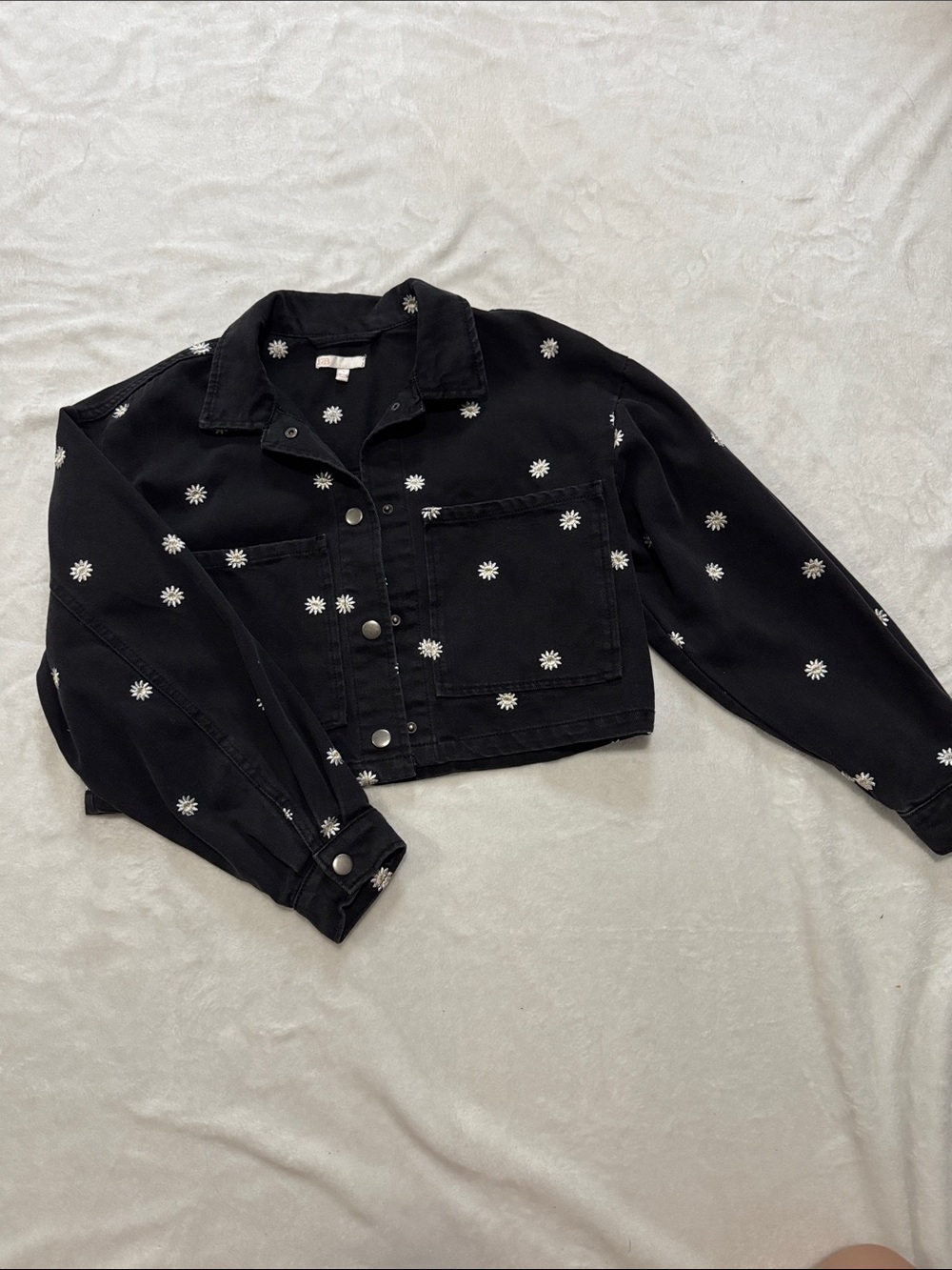 Denim black floral jacket with gunmetal buttons